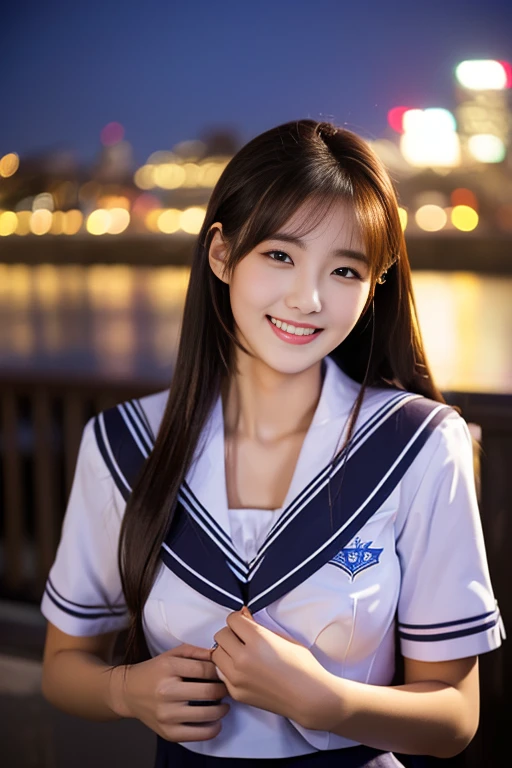 ((((full bodyesbian)))、((Girls' High School Uniforms))、((1a person)), ponytail hair、bob hair、Close to the subject、((Han River))、(((smile)))、(((Girls' High School)))、((a beauty girl))、((sexy pose))、Photorealsitic、Beautiful detailed face, Beautiful detailed eyes、Hyper-Realism、high contrast、Ultra HD、realistic skin textures、Top image quality、top-quality、超A high resolution、Fine details、Very meticulously、ample round bosom, high_angle_shot, the_cowboy_shot, bokeh night background)