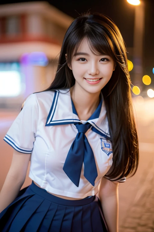 ((((full bodyesbian)))、((Girls' High School Uniforms))、((１a person)), ponytail hair、bob hair、Close to the subject、((Han River))、(((smile)))、(((Girls' High School)))、((a beauty girl))、((sexy pose))、Photorealsitic、Beautiful detailed face, Beautiful detailed eyes、Hyper-Realism、high contrast、Ultra HD、realistic skin textures、Top image quality、top-quality、超A high resolution、Fine details、Very meticulously、ample round bosom, high_angle_shot, the_cowboy_shot, bokeh night background)