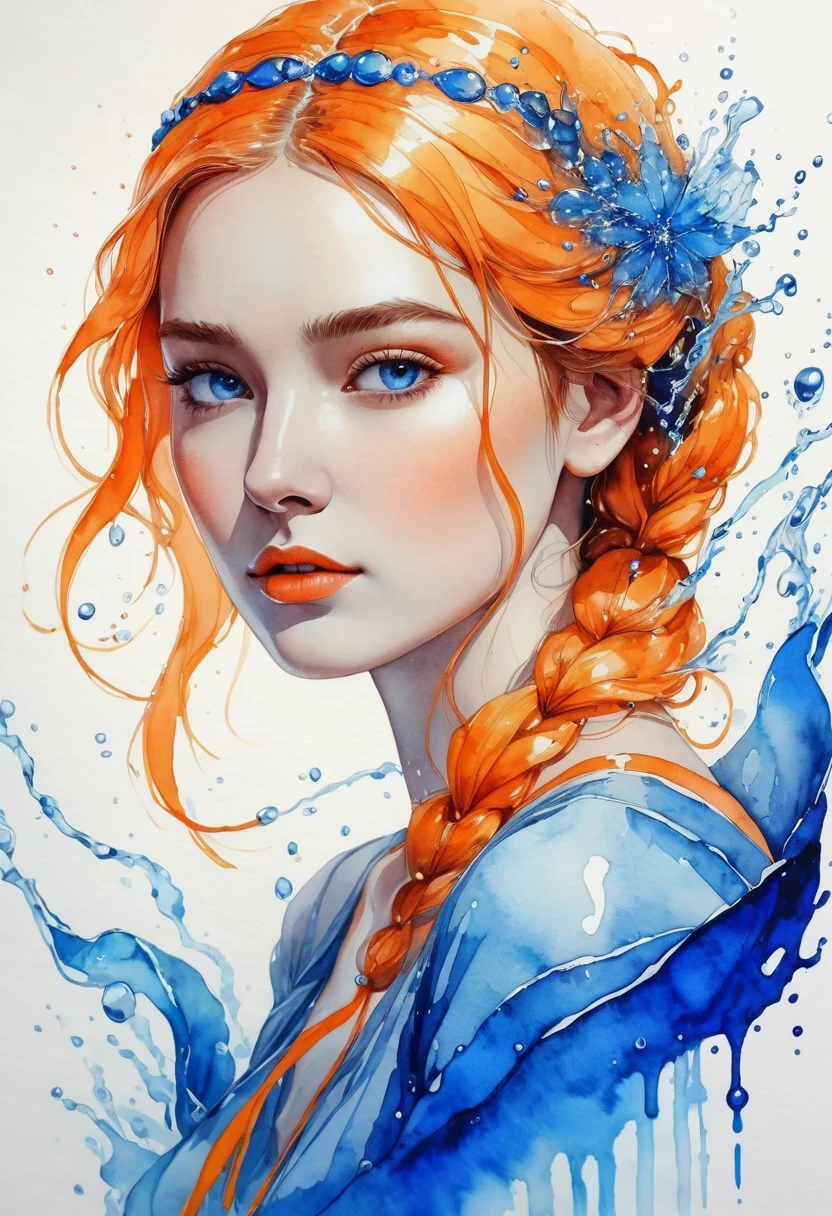 women beautiful neon fictional , ancient stories, High detail, portrait, light studio, colorful, high precision, strong, beautiful, classic, science, Renaissance, wet water color ink, color orange and blue, painting watercolor, ultra clear