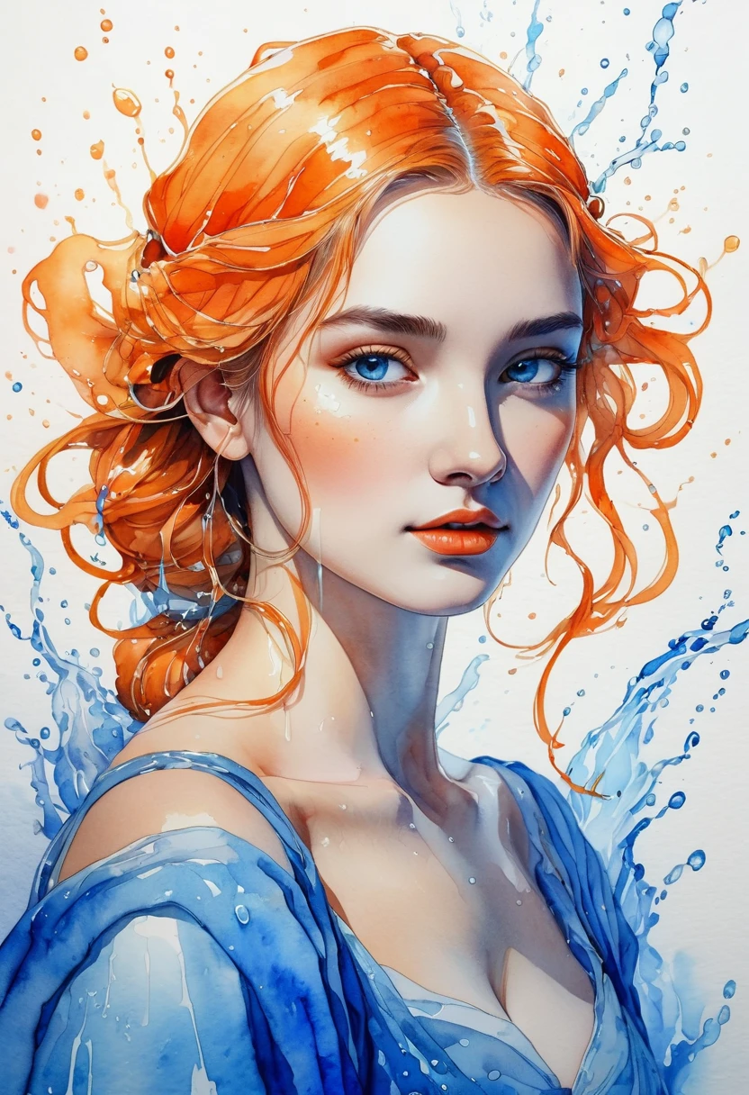 women beautiful neon fictional , ancient stories, High detail, portrait, light studio, colorful, high precision, strong, beautiful, classic, science, Renaissance, wet water color ink, color orange and blue, painting watercolor, ultra clear