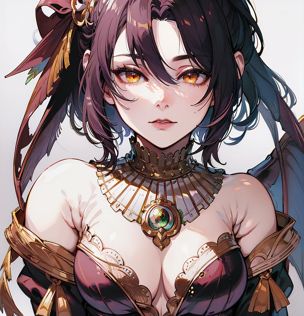 (Highest quality, masterpiece, Very detailedな, Very detailed, Exquisite, 16K,Full HD),(White Background:1.7),、Big Breasts,No text,Upper Body,Black Hair,１people,Front facing,(((morrigan)))