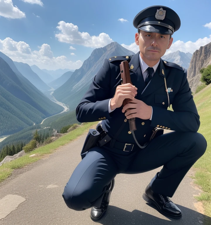 40 years old,One Man,Old-fashioned police uniform,Cliff in the mountains、Squat with your legs wide apart、Hold a gun,logic,Gay ,Short Hair、Stubble,German face。Handsome、Fighting spirit、The crotch area is bulging。