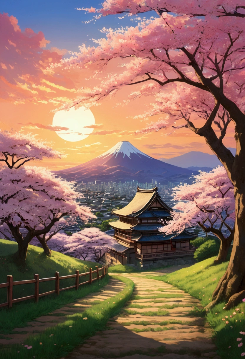 In the style of Studio Ghibli and Kyoto Animation,Depicting the tranquil scenery at sunset in anime style,The fields are full of life、Cherry blossom trees in full bloom。