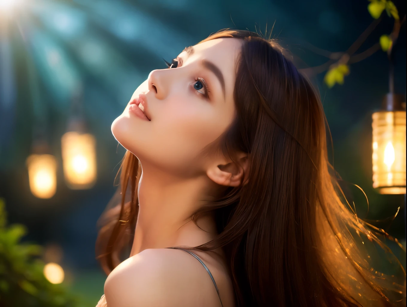 A beautiful young woman with striking features, delicate skin, and flowing hair gazing up at the night sky, full of stars. Detailed facial features, large expressive eyes, full lips. Wearing an ethereal, flowing dress that moves with a gentle breeze. Surrounded by a lush, dreamlike garden landscape with glowing fireflies and soft lighting. Mystical, magical, whimsical atmosphere. Ultra-detailed, 8k, photorealistic, dramatic lighting, warm color tones.