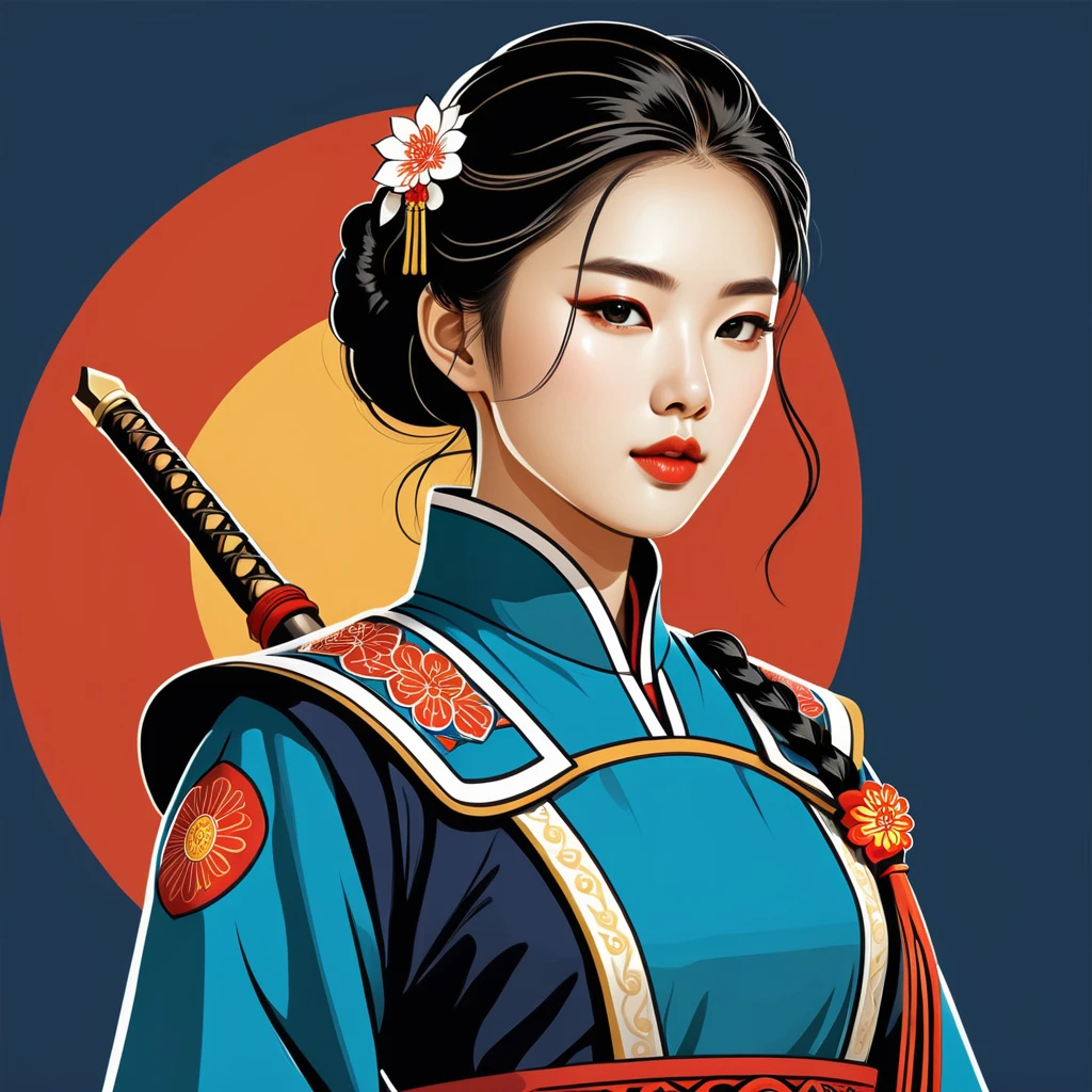 female warden in korean folk outfit ,vector graphics, strong contours, logo design