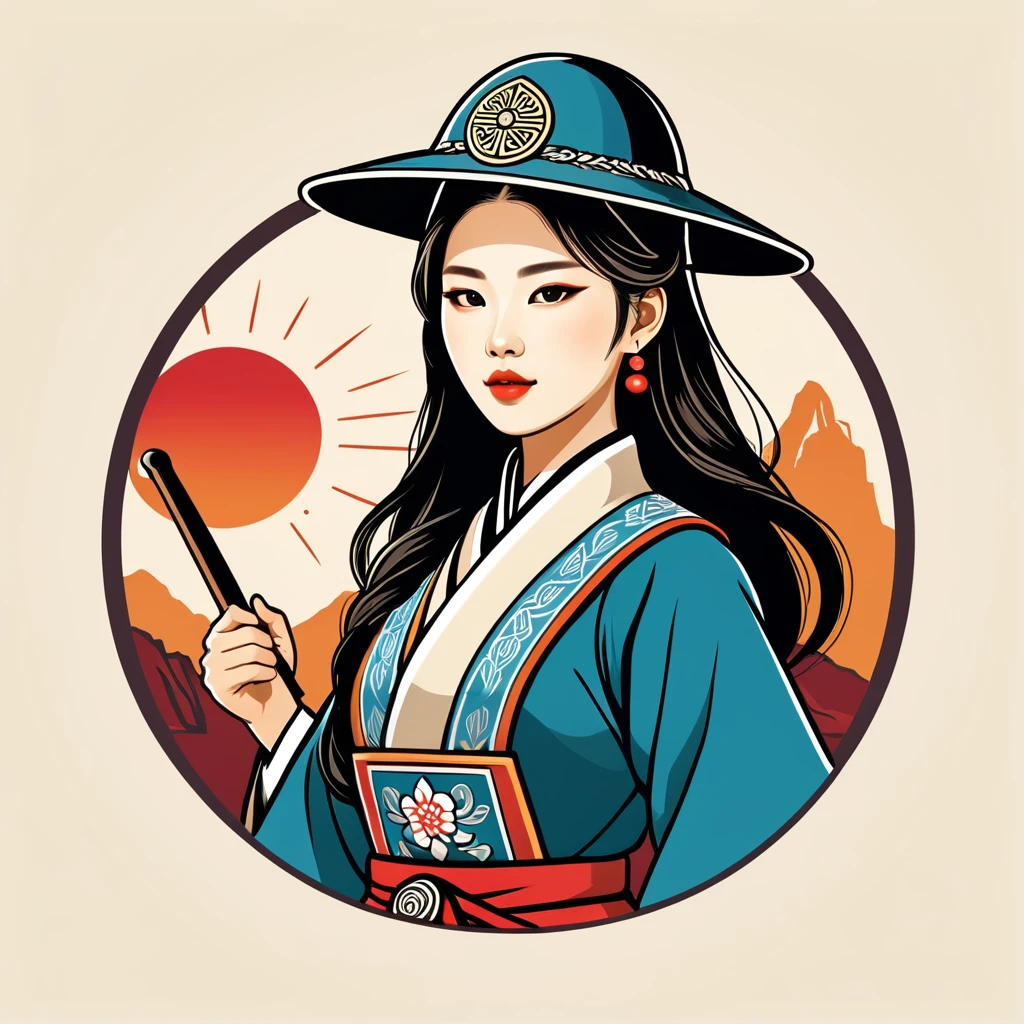 female	warden	in korean folk outfit	,vector graphics, strong contours, logo design																						
