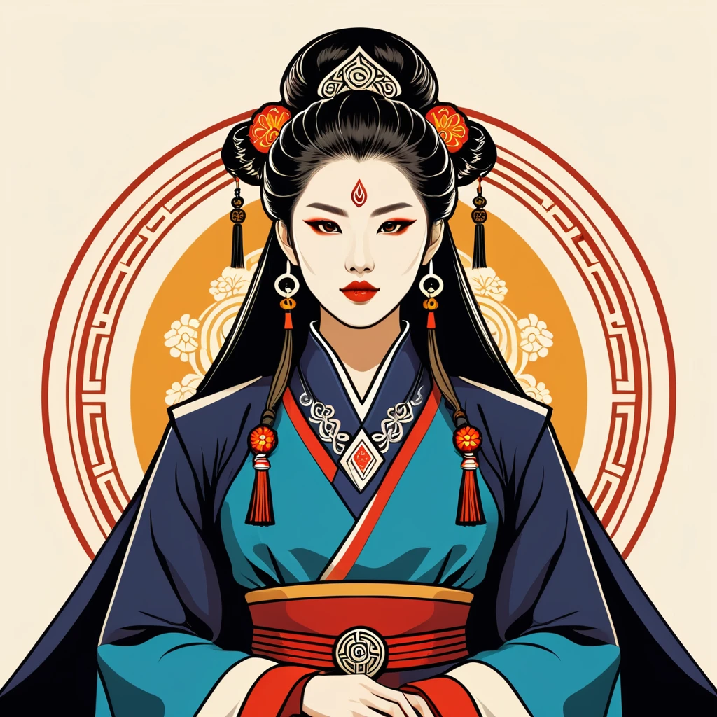 female warlock in korean folk outfit ,vector graphics, strong contours, logo design
