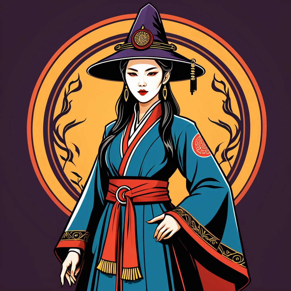 female	warlock	in korean folk outfit	,vector graphics, strong contours, logo design																						