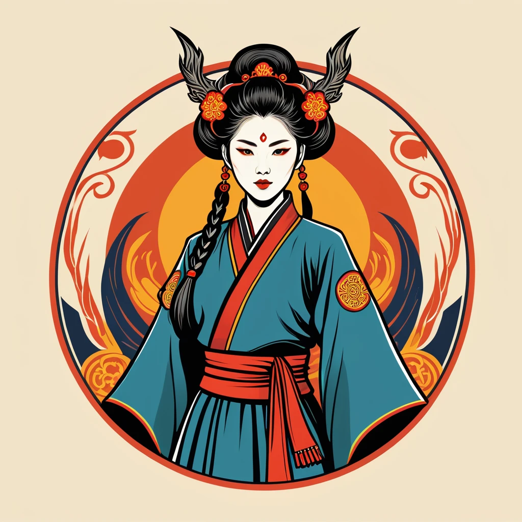 female warlock in korean folk outfit ,vector graphics, strong contours, logo design