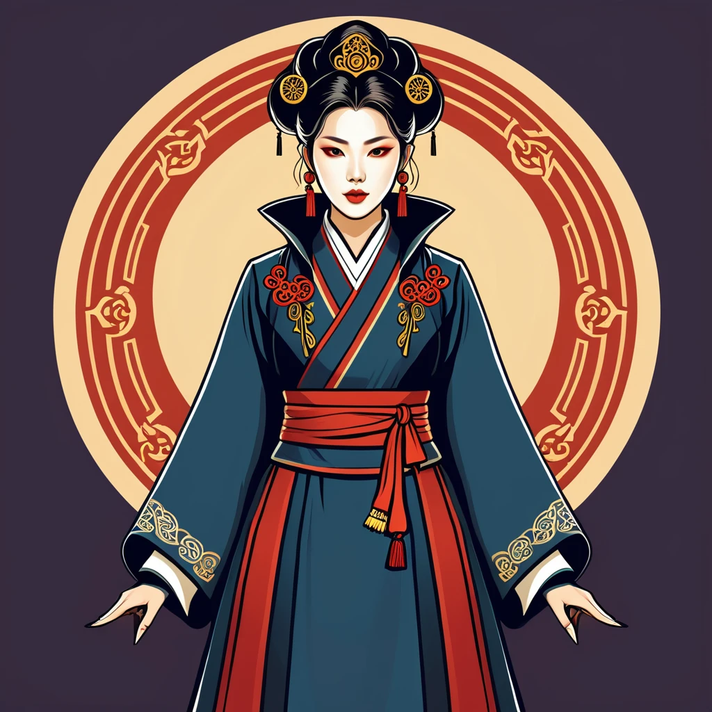 female	warlock	in korean folk outfit	,vector graphics, strong contours, logo design																						