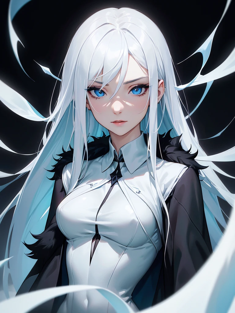 (((Portrait Photo))), She has the Appearance of a Cold and Elegant Woman, with a Slim, Slender Build, Exuding Grace and Poise. Her Extremely Long Silvery White Hair Falls Gracefully Over Her Figure, Reflecting a Subtle Icy Luminescence. Her Piercing Blue Eyes Hold a Depth of Intelligence and Enigmatic Allure, Captivating Anyone Who Meets Her Gaze. Her Expression is Calm and Composed, with a Hint of Intrigue and Quiet Strength, Reflecting Her Dignified Presence and Unyielding Spirit. (((Dark Background))), (((Portrait Photo))), (((Crisp White Shirt))), (((Black Fur Coat))), (((Hair Between Eyes)))