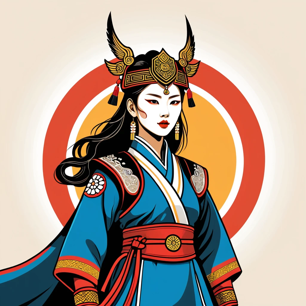 female warlord in korean folk outfit ,vector graphics, strong contours, logo design