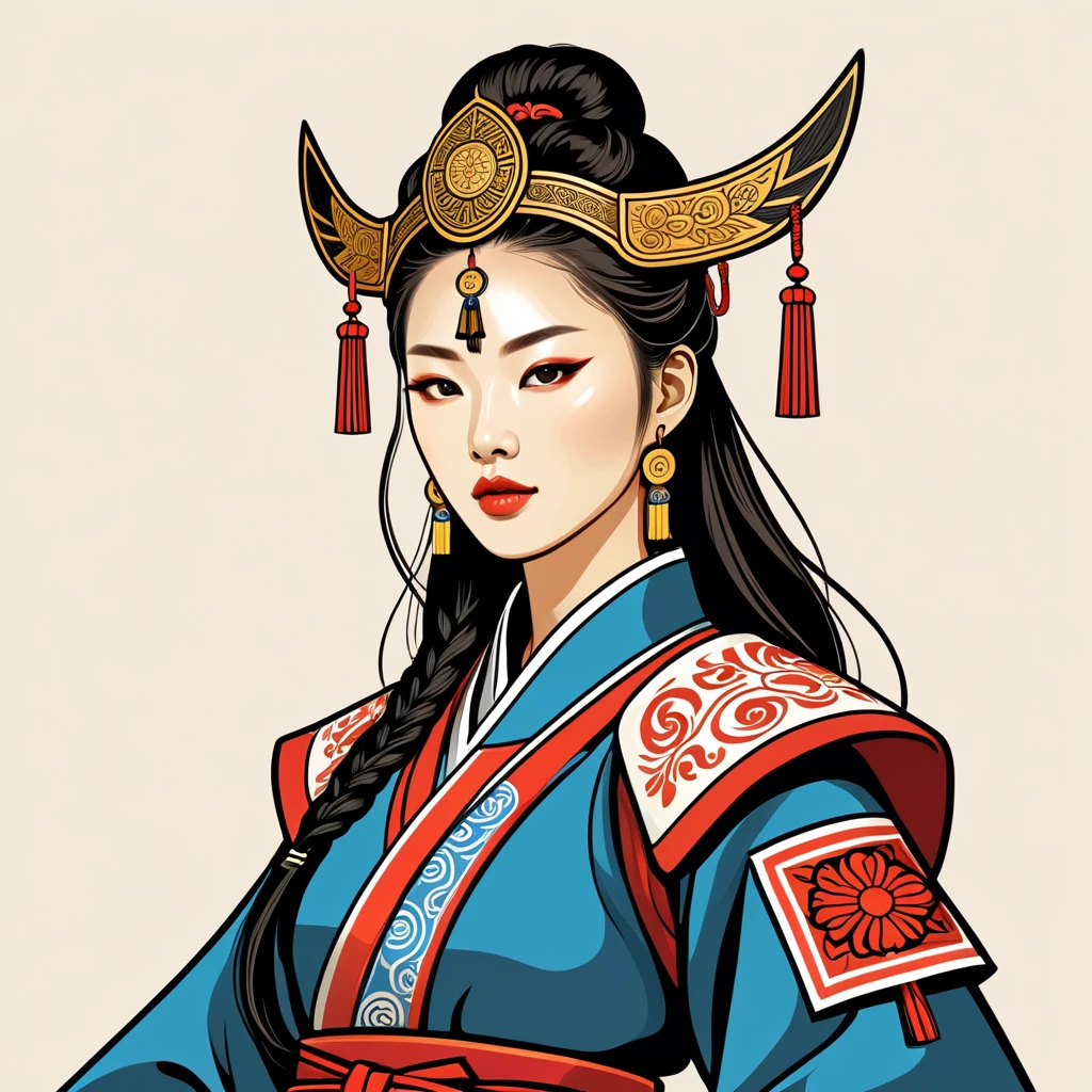 female warlord in korean folk outfit ,vector graphics, strong contours, logo design