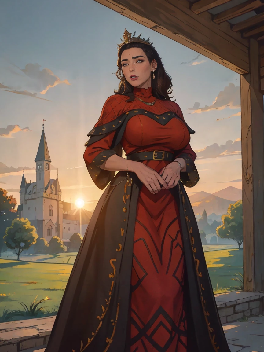 Gorgeous and sultry busty athletic (thin) brunette queen with sharp facial features wearing a modest updo, dark red medieval dress, long sleeves, intricate patterns, wide neck, crown, veil, long dress, modest dress, tight bodice, silver belt, (waist chain), medieval jewelry, Middle Ages, castle, rampart, wall, exterior, on top of a castle wall, trees, countryside, evening, sunset.