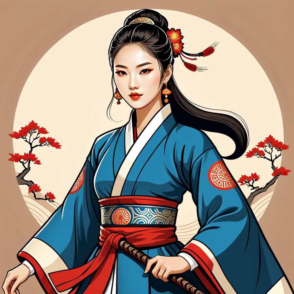female warmage in korean folk outfit ,vector graphics, strong contours, logo design