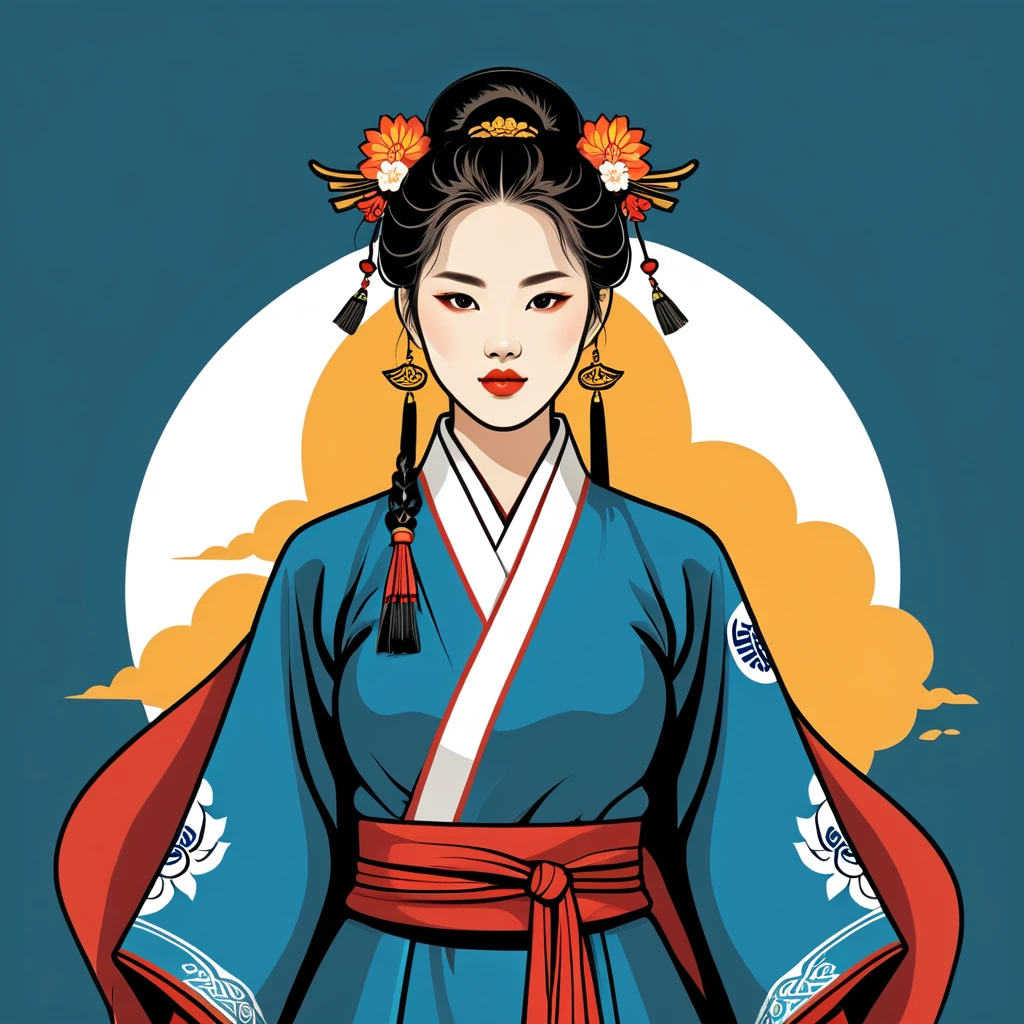 female warmage in korean folk outfit ,vector graphics, strong contours, logo design