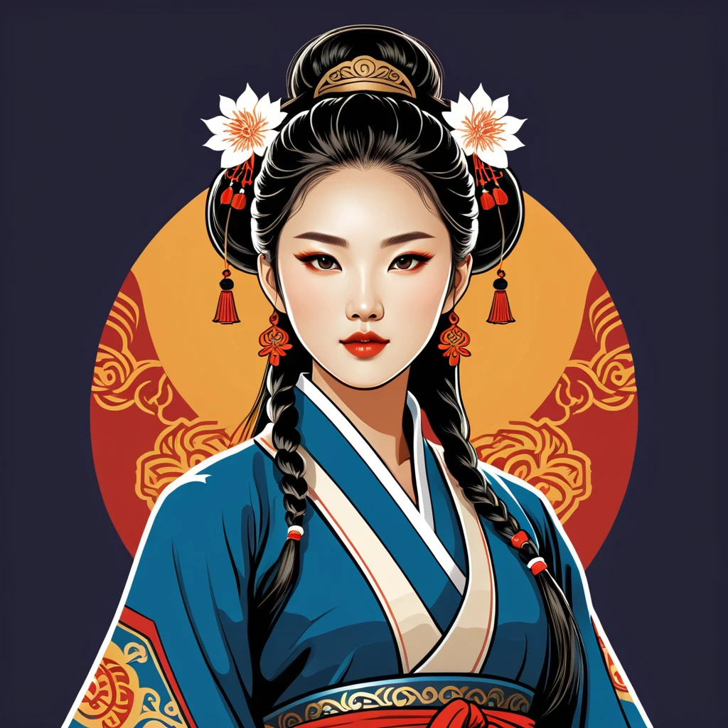 female warmage in korean folk outfit ,vector graphics, strong contours, logo design