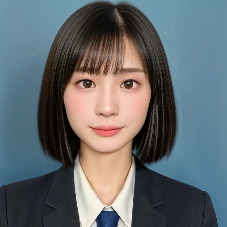 (kawaii 18 year-old Japanese girl, Nogizaka idol, Korean idol, highschool student), healthy female athlete body, (glossy black hair, very short hair, pixie cut, bangs:1.3), (rounded face, beautiful black eyes, single eyelid, no makeup, no expression:1.2), (wearing suit jacket, collared shirt, necktie:1.3), extra small breasts, (looking at viewer:1.2), BREAK, (simple blue background, yearbook background:1.3), (portrait, id photo, bust shot, view from vertically straight forward:1.3), BREAK, (masterpiece, best quality, photo realistic, official art:1.4), (UHD, 8K quality wallpaper, high resolution, raw photo, golden ratio:1.3), (shiny skin), professional lighting, physically based rendering, award winning, (highly detailed skin, extremely detailed face and eyes), Carl Zeiss 85 mm F/1.4, depth of field, 1girl, solo,