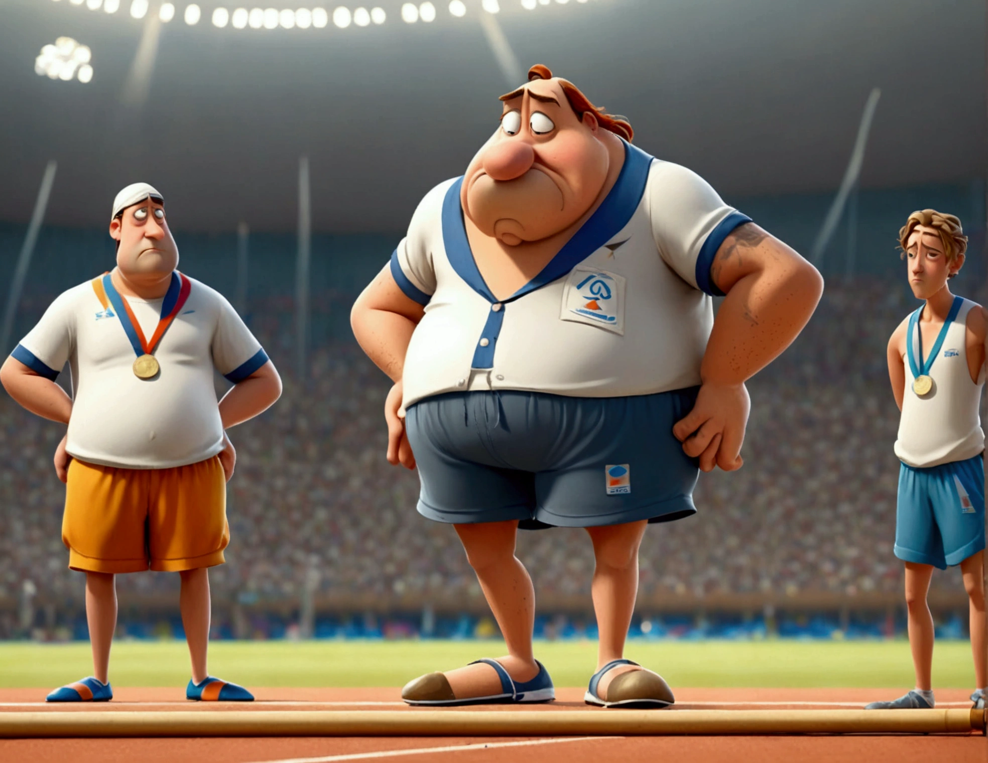 Cartoon character droopy (sad, baggy shirt, baggy shorts, 1 javelin)is preparing to do the javelin toss at the Olympic games