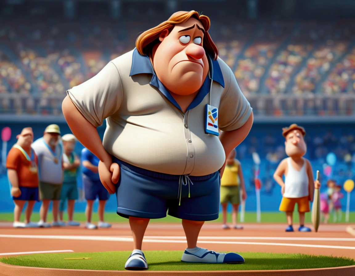 Cartoon character droopy (sad, baggy shirt, baggy shorts, 1 javelin)is preparing to do the javelin toss at the Olympic games