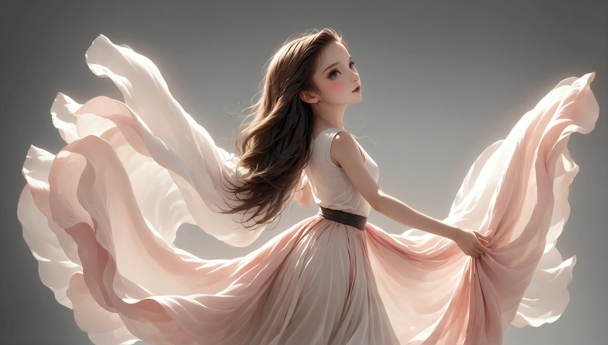 Dance photography;A dancer,Solitary;A dancing little girl;Long skirt,Plain style,Gray pink and white gradient,Traditional style,Smudged skirt hem;The movements of the dance;elegant,Flexible skirt;Long hair,Long hair披肩。((Full body panorama 1.5)),front; Simple style;Minimalism。White background,Pure white background;Panoramic photography;Depth of Field, Extraordinary details, masterpiece, high quality, 4K,cinematic lighting, motion blur, depth of field, sparkle, ray tracing, reflection light, anatomically correct, uhd, textured skin, best quality, super detail, highres, high details, accurate, high quality, award winning