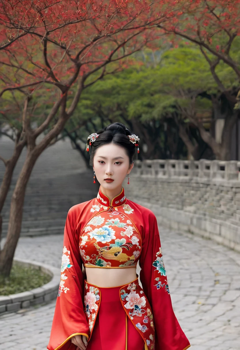 Front view, on the cobblestones outside the Qing palace, Empress Qing Dynasty, dressed in red Manchu clothes with garish floral pattern and hairpin, nude model showing large nippleless nipples and hairy cunt, hair tied up and pulled up. Nude model wearing red Manchu clothes with flashy large flowers and hairpin, hair tied up and pulled up, showing large nipple-less nipples and hairy cunt,