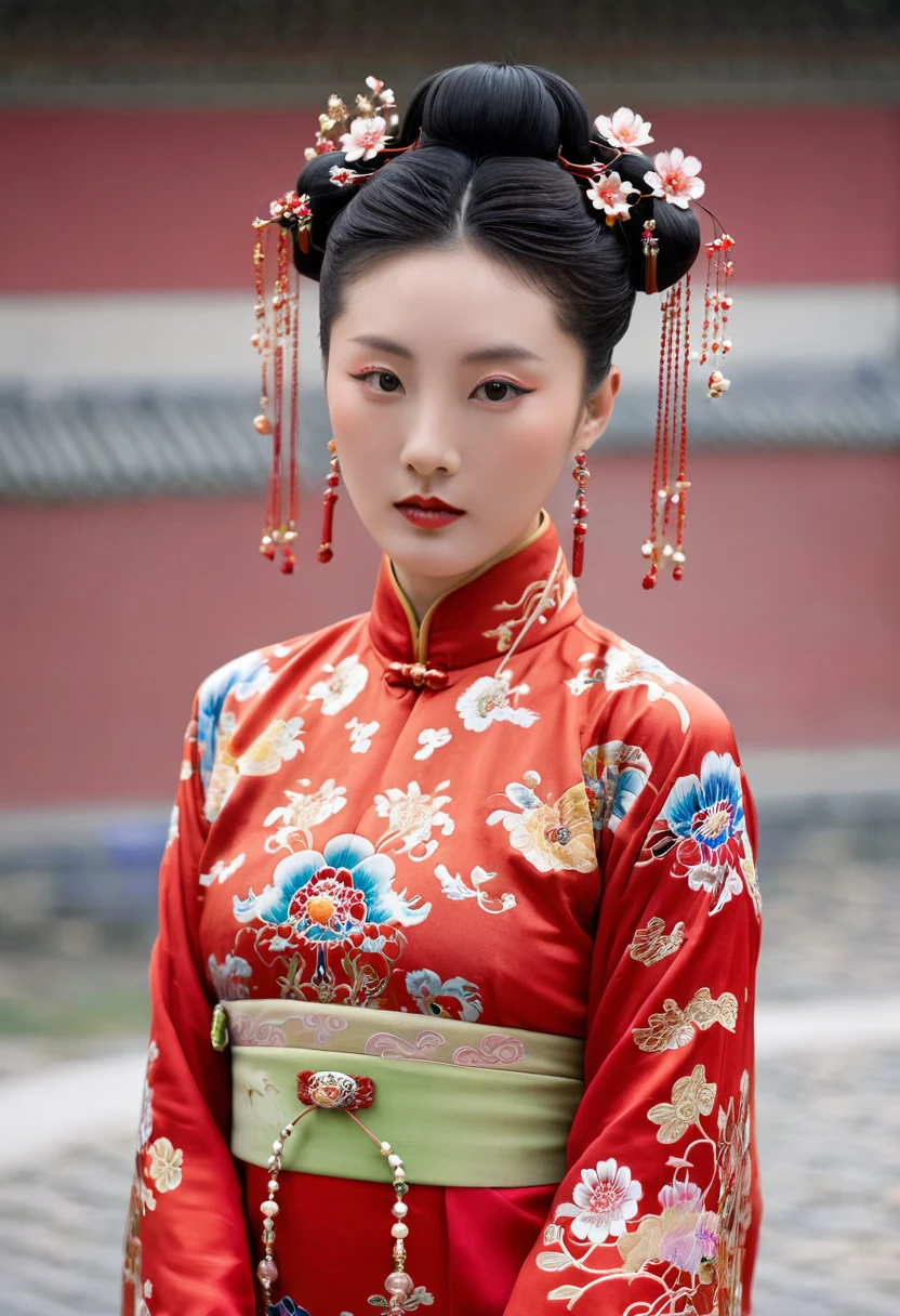 Front view, on the cobblestones outside the Qing palace, Empress Qing Dynasty, dressed in red Manchu clothes with garish floral pattern and hairpin, nude model showing large nippleless nipples and hairy cunt, hair tied up and pulled up. Nude model wearing red Manchu clothes with flashy large flowers and hairpin, hair tied up and pulled up, showing large nipple-less nipples and hairy cunt,