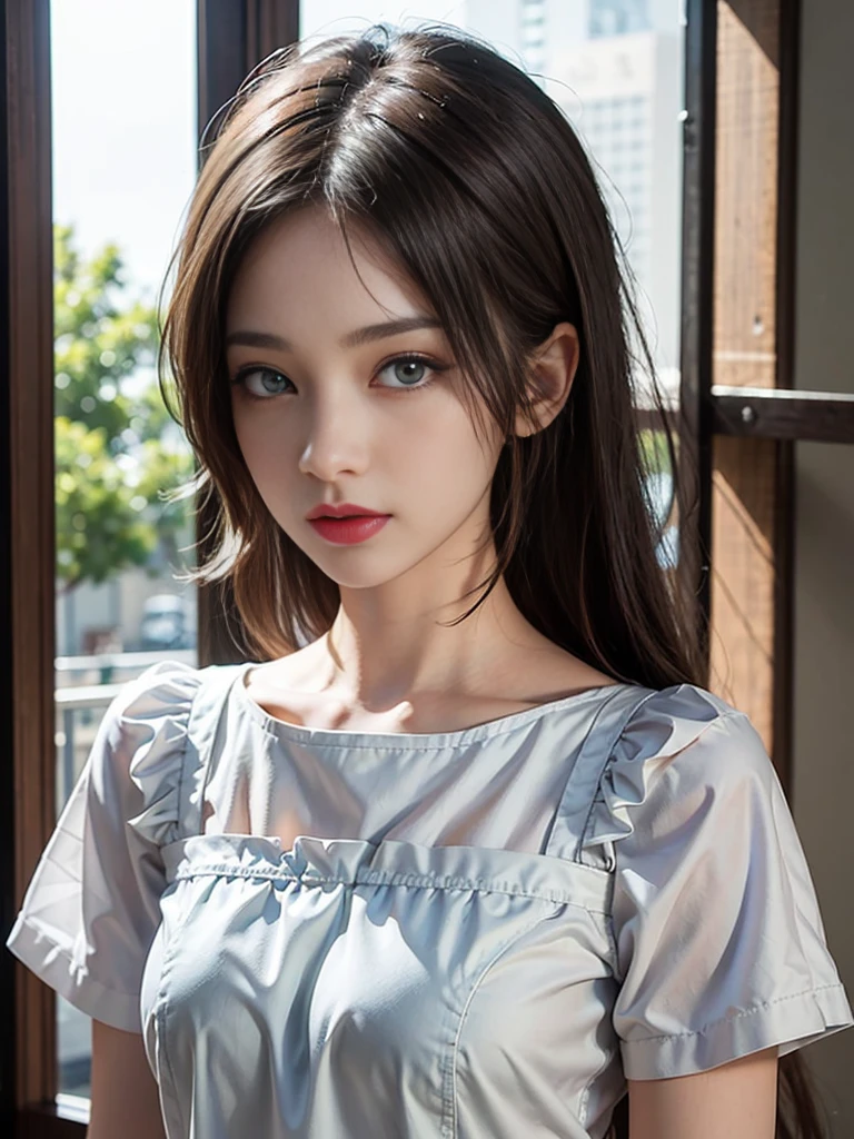 ((masterpiece:1.4)、(top-quality:1.4)、(reallistic:1.7))、masuter piece:1.4、Kawaii Girl、Portrait photo of a girl、Close-up photos、Upper body photography、beautiful countenance、kawaii faces、A detailed eye、Draw the eyes clearly, Beautiful and attractive eyes、beautidful eyes、Narrow waist、poneyTail、Raw photo、red-lips、1 screen display、