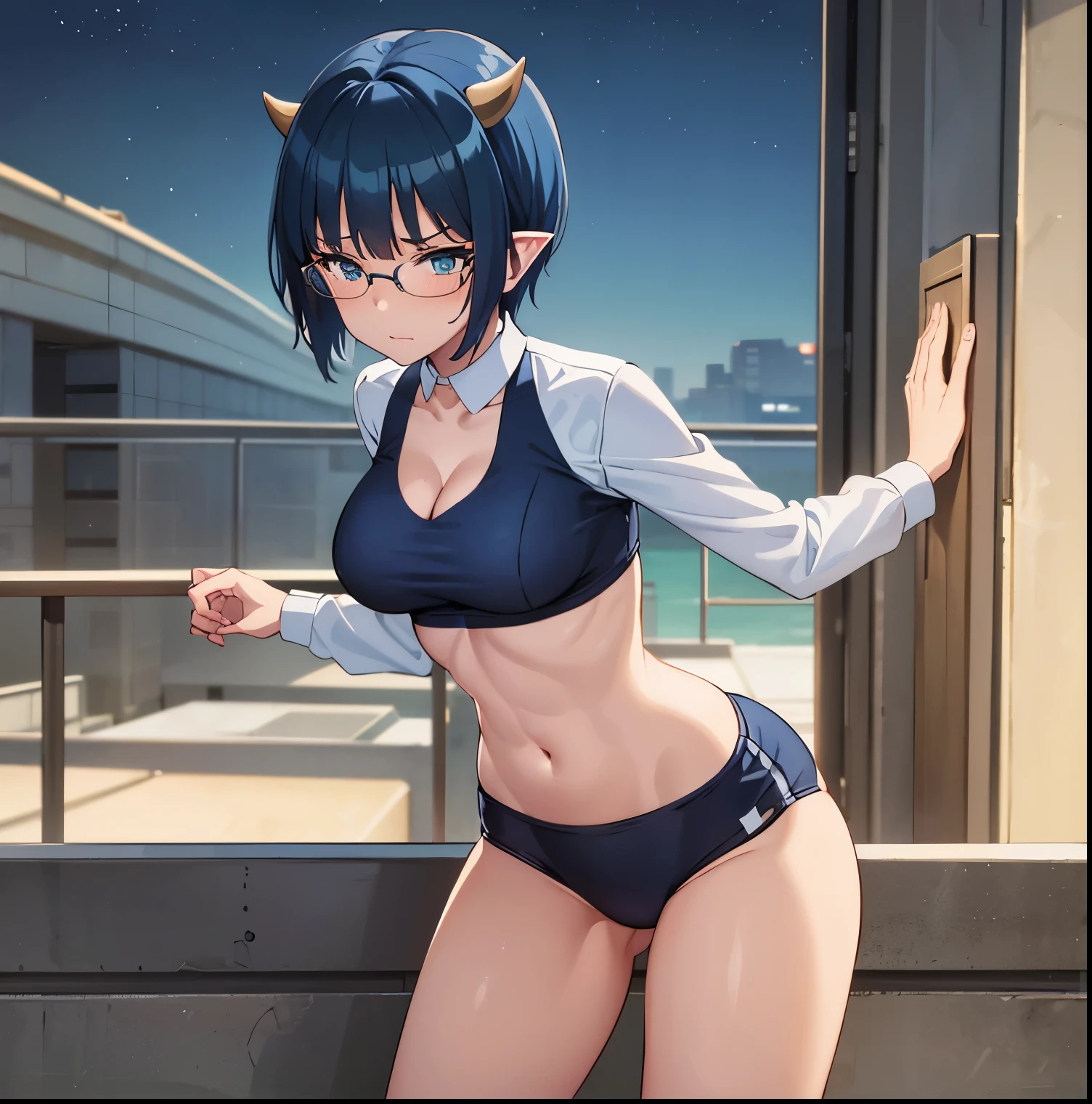 ((1girl)),((alone)), zenia,(masterpiece), (best quality), (ultra detailed), (best illustration), (best shadow), (absurdities), sharp focus, cowboy shot, dynamic posture looking at the viewer, big breasts, narrow waist, wide hips, wide thighs, round butt, erotic, romantic, (very detailed eyes, lips 1.1), very detailed eyes, eyes, Very detailed face, Very beautiful face, full height , beautiful slim figure, femininity, expressive appearance, elastic big breasts, increased sexuality, blue hair, short hair, blue eyes, pointed ears, horns, dark blue short jacket, open jacket, black sports bra, cleavage, clavicle, yoga pants black, open between the thighs, thick thighs, black pants, glasses, blue sneakers, defined body, perfect and beautiful body, perfect and beautiful, closed mouth, calm expression, blushing, (sexy pose: 1.2), ((solo) ), standing: 1.3, interior, cityscape, apartment, terrace, railing, city lights, night, looking back, from behind, ((focus on ass)), point of view: (from below), blushing red, perfect anatomy, perfect hands,