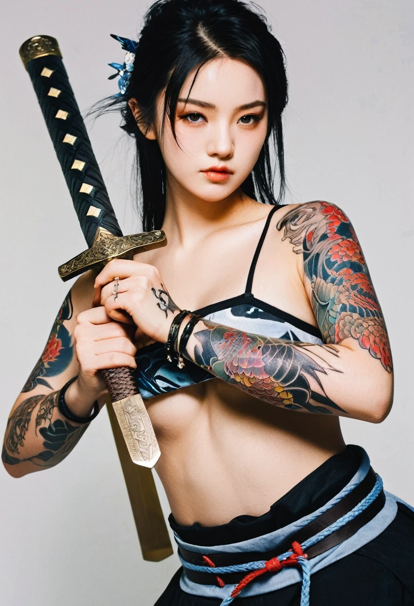 ２０Year、beautiful,、e Girls、Warrior、dragon tattoo on arm、Hold the Japanese sword in front of your body、Draw your sword and prepare、Sharp eyes、enemy&#39;The blood is flowing to his cheeks、In the woods、Swordsman、Tattoo of a rose on the chest、blonde、short hair、Realistic Face、Swing your sword down、Delicate eyes、Laugh a little、