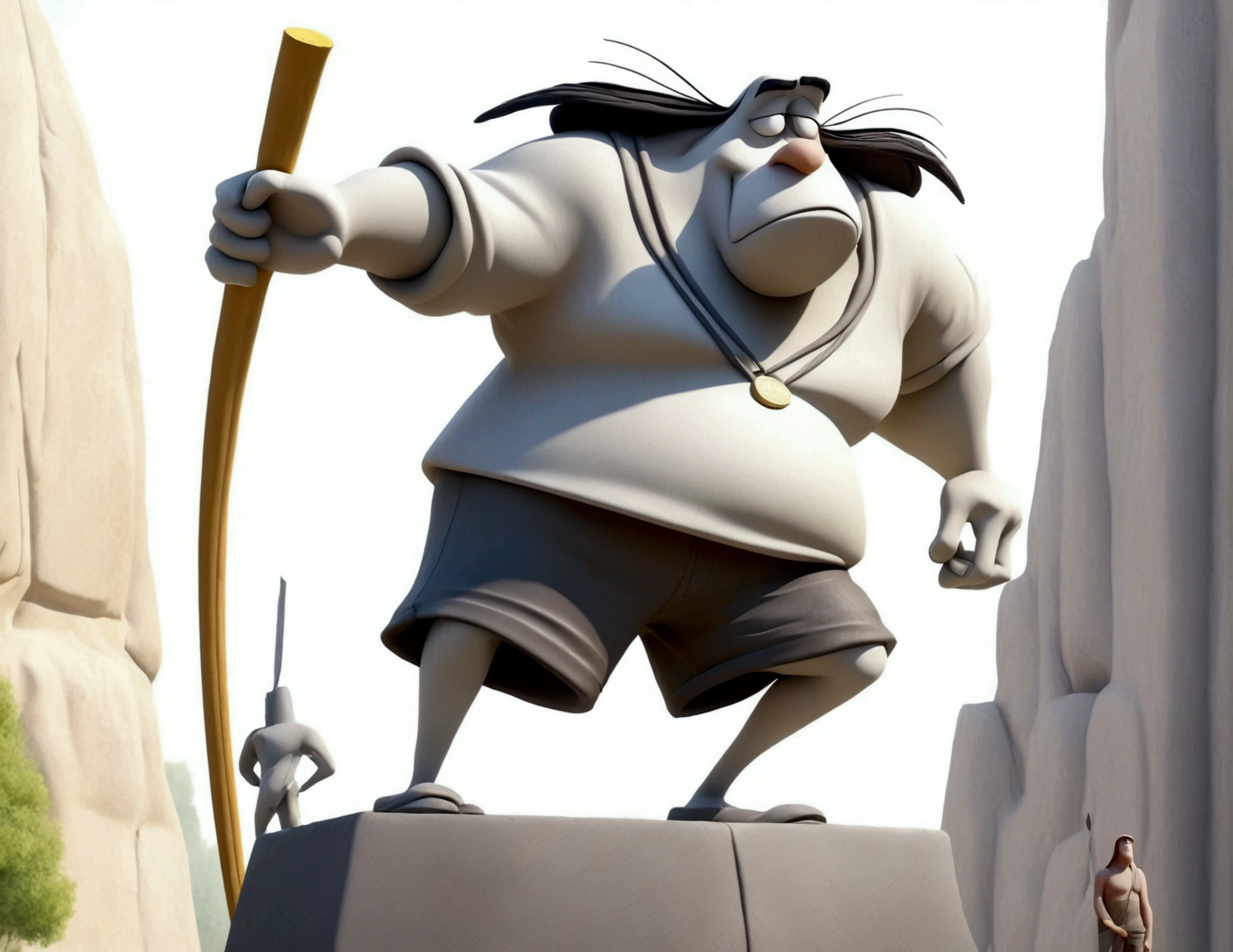 Cartoon character droopy (sad, baggy shirt, baggy shorts, 1 javelin)is preparing to do the javelin toss at the Olympic games, this scene is immortalized in a granite statue