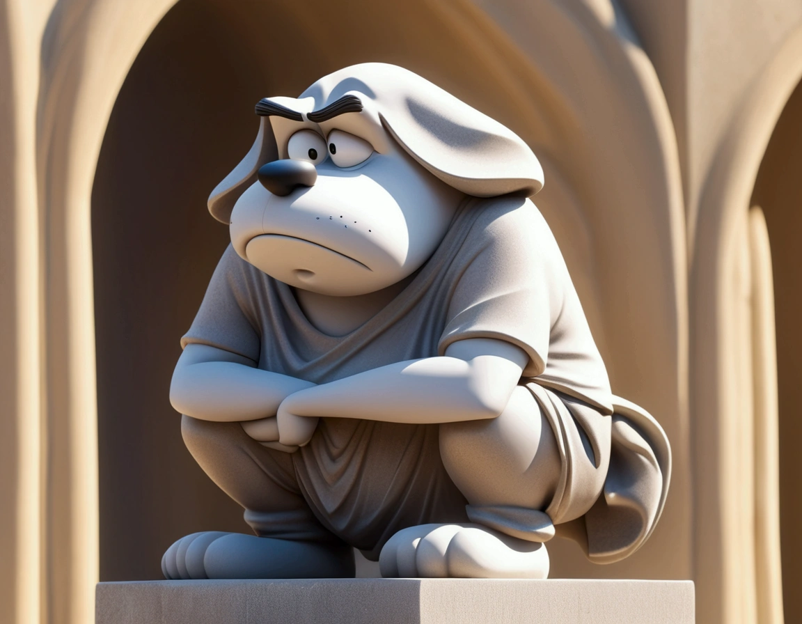 Cartoon character droopy (sad, baggy shirt, baggy shorts, 1 javelin)is preparing to do the javelin toss at the Olympic games, this scene is immortalized in a granite statue