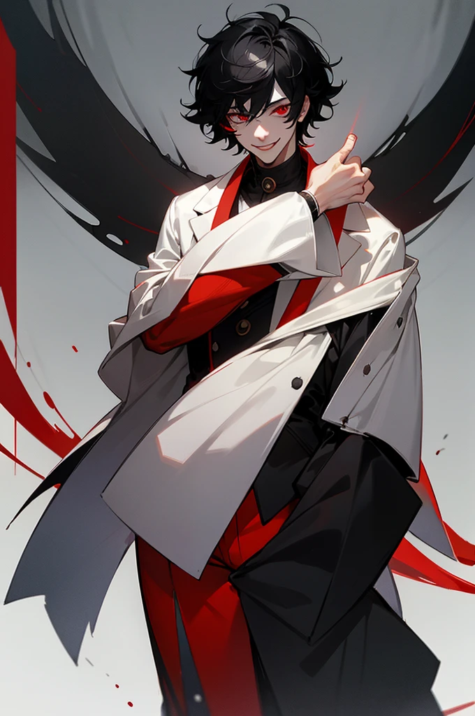 1male, black hair, short messy hair, white and black clown makeup, red eyes, red and white suit, hands to side, smiling, detailed face, black foggy background, standing on path
