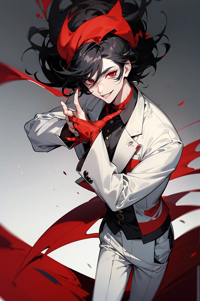 1male, black hair, short messy hair, white and black clown makeup, red eyes, red and white suit, hands to side, smiling, detailed face, black foggy background, standing on path