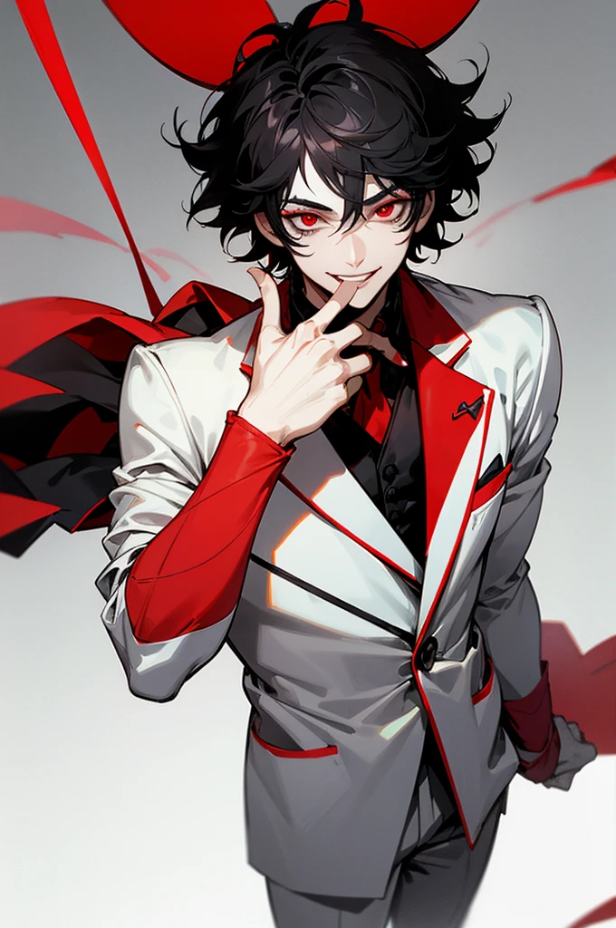 1male, black hair, short messy hair, white and black clown makeup, red eyes, red and white suit, hands to side, smiling, detailed face, black foggy background, standing on path