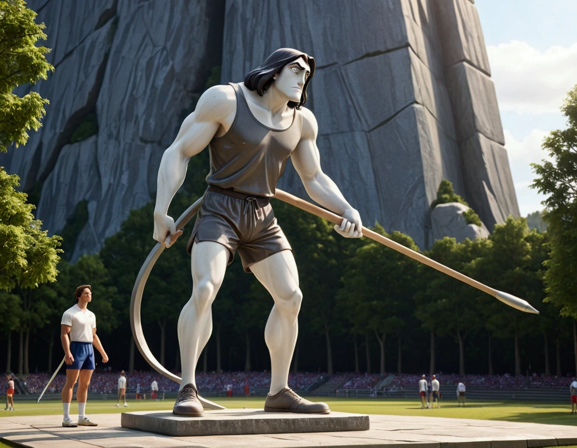 Cartoon character droopy (sad, baggy shirt, baggy shorts, 1 javelin)is preparing to do the javelin toss at the Olympic games, this scene is immortalized in a granite statue
