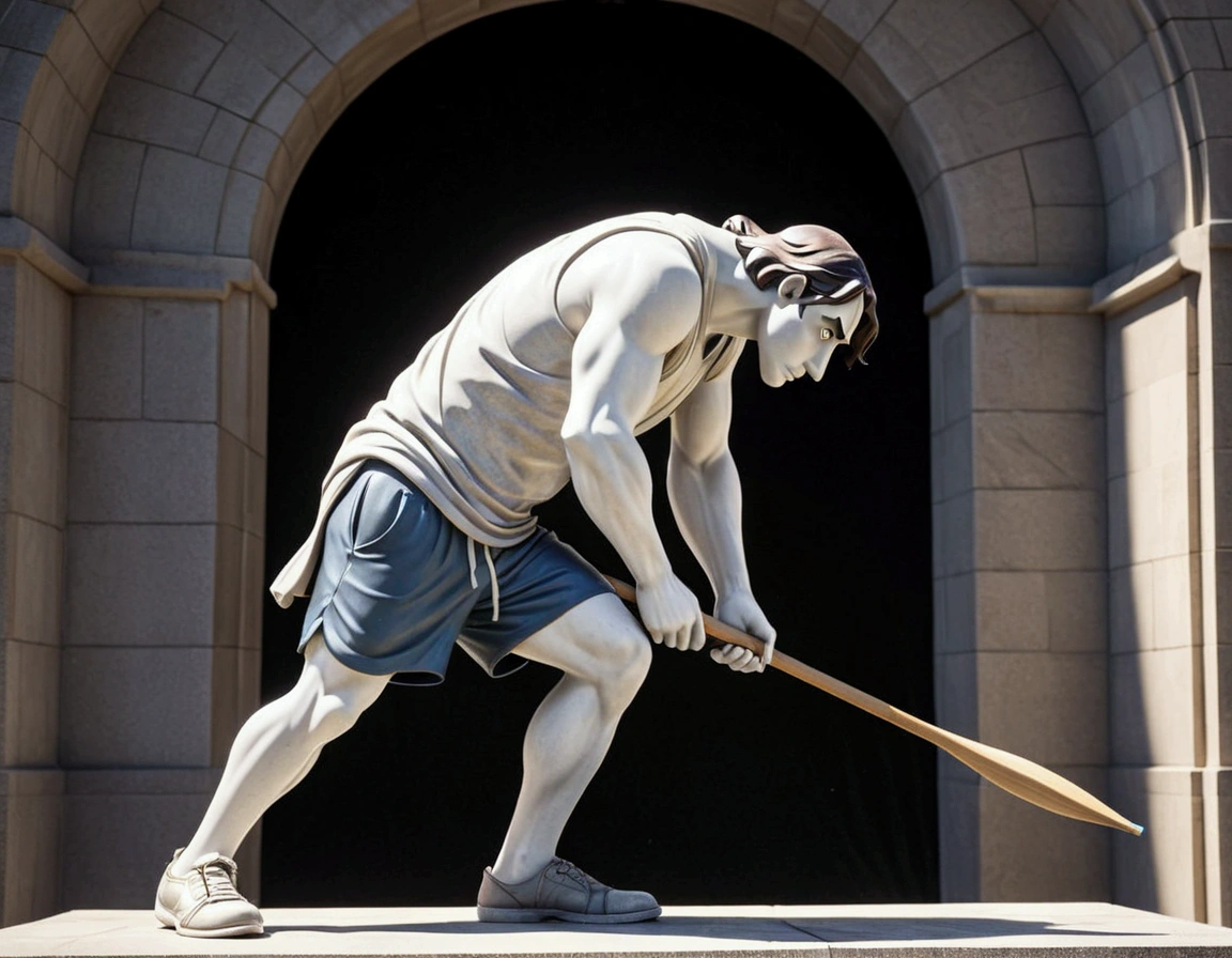 Cartoon character droopy (sad, baggy shirt, baggy shorts, 1 javelin)is preparing to do the javelin toss at the Olympic games, this scene is immortalized in a granite statue