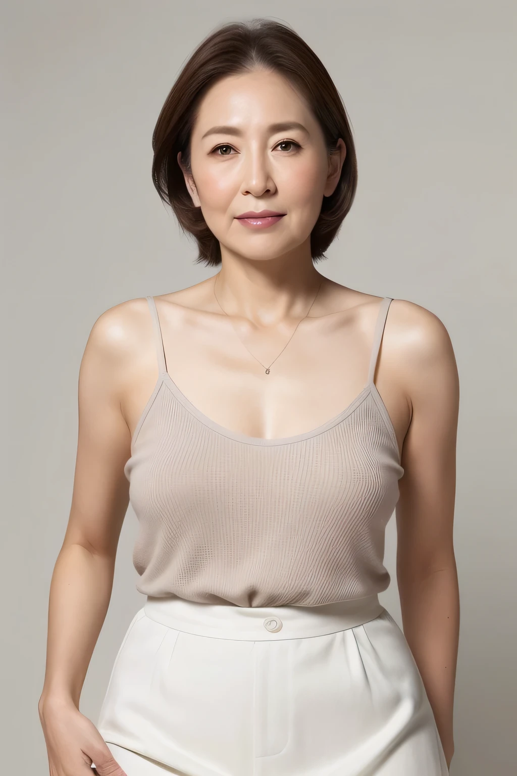 High resolution、high resolution、High definition、masterpiece、Textured skin、Anatomically very accurate、sharp、
Gray background,
((Japanese middle-aged、95 years old))、solo、((Facial wrinkles))、Shapely large breasts、Straight light brown hair reaching to the shoulders、Chubby body type,
(((Stand upright facing the center of the screen)))、Mouth closed, serious face, looking straight ahead、
White summer camisole、White summer skirt、((Cowboy shot from the knee))、