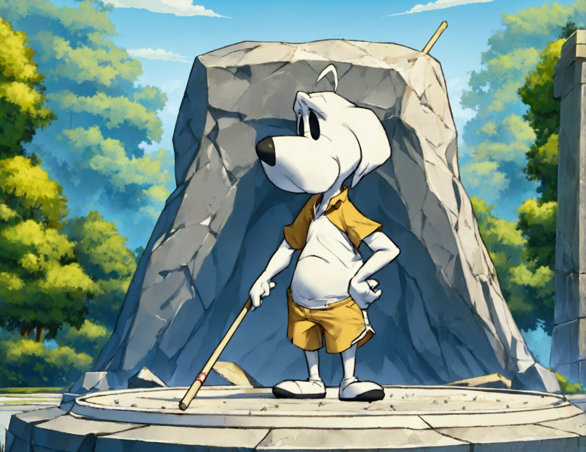 Cartoon character droopy (sad, baggy shirt, baggy shorts, 1 javelin)is preparing to do the javelin toss at the Olympic games, this scene is immortalized in a granite statue
