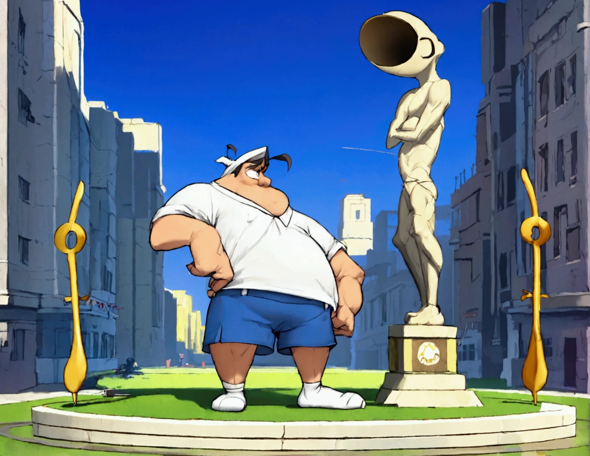 Cartoon character droopy (sad, baggy shirt, baggy shorts, 1 javelin)is preparing to do the javelin toss at the Olympic games, this scene is immortalized in a granite statue