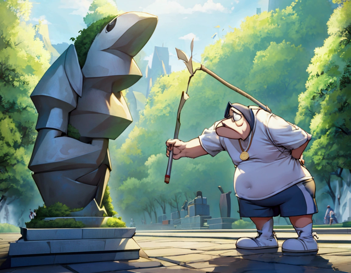 Cartoon character droopy (sad, baggy shirt, baggy shorts, 1 javelin)is preparing to do the javelin toss at the Olympic games, this scene is immortalized in a granite statue
