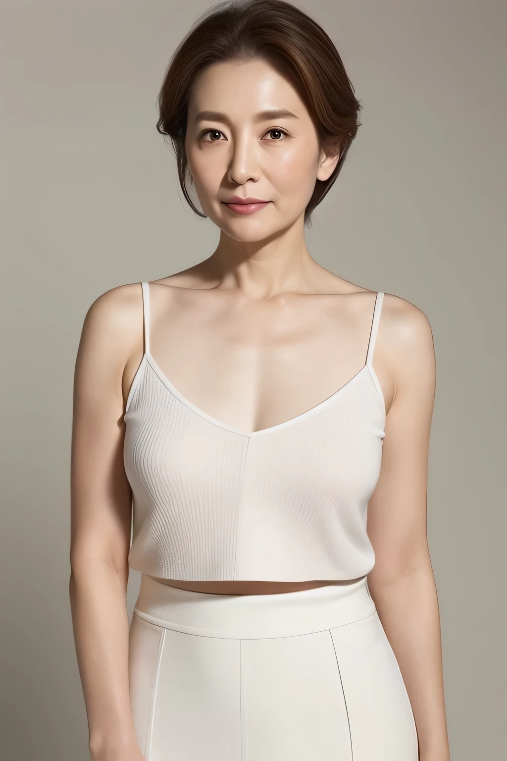 High resolution、high resolution、High definition、masterpiece、Textured skin、Anatomically very accurate、sharp、
Gray background,
((Japanese middle-aged、95 years old))、solo、((Facial wrinkles))、Shapely large breasts、Straight light brown hair reaching to the shoulders、Chubby body type,
(((Stand upright facing the center of the screen)))、Mouth closed, serious face, looking straight ahead、
White summer camisole、White summer skirt、((Cowboy shot from the knee))、
