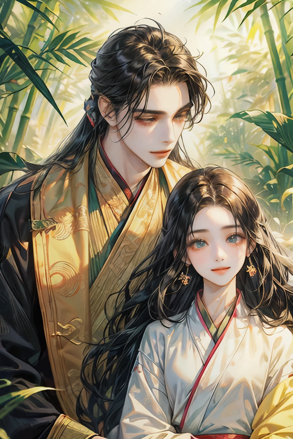 atereal beautiful of twin young man and woman in colorful Hanfu dressed, brother and sister, siblings,  black long hair, same high, similar looking faces, smiling, bamboo forest, wind that blowing hair and cloths floating in the air, god light from above, bamboo leaves, colorful shade, Masterpiece, hi-quality