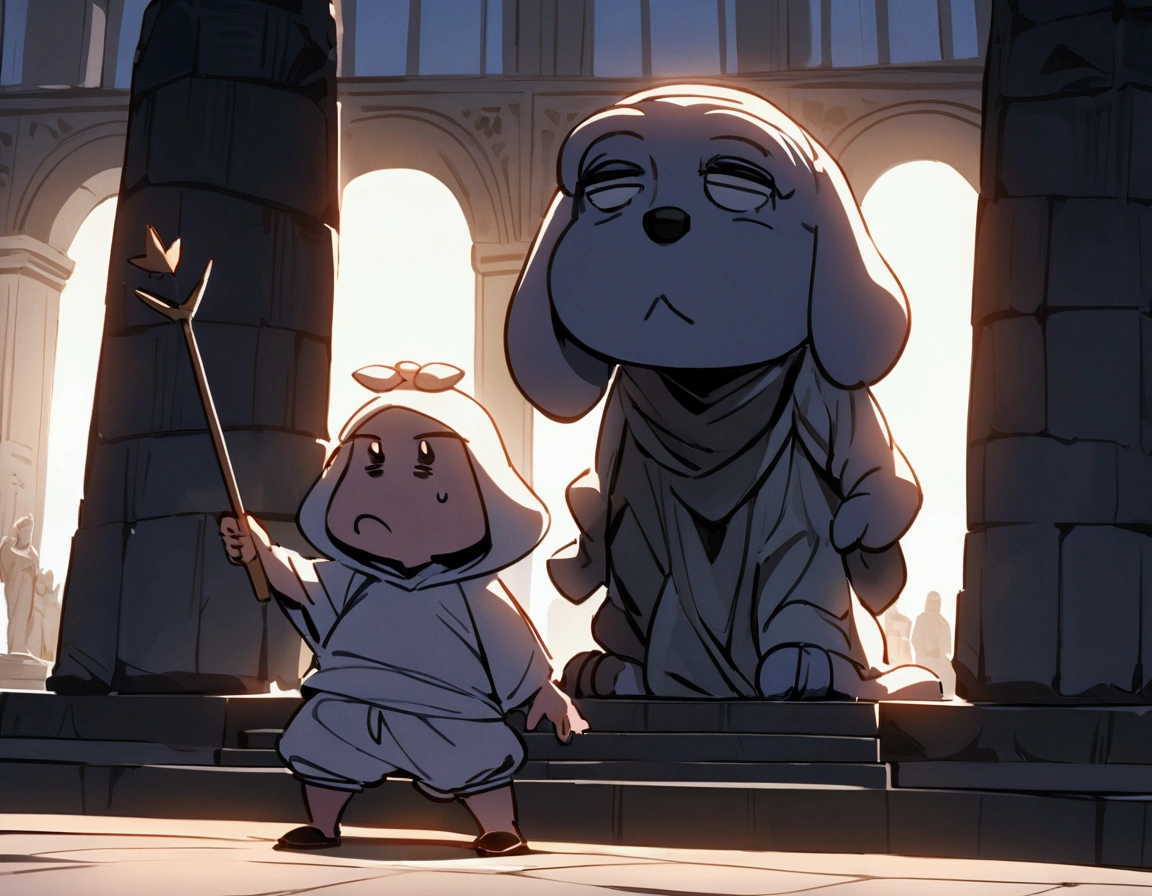 Cartoon character droopy (sad, baggy shirt, baggy shorts, 1 javelin)is preparing to do the javelin toss at the Olympic games, this scene is immortalized in a granite statue
