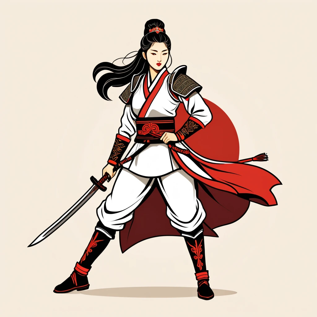 female	warrior	in korean folk outfit	,vector graphics, strong contours, logo design																						