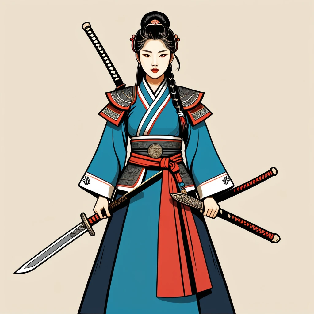 female	warrior	in korean folk outfit	,vector graphics, strong contours, logo design																						