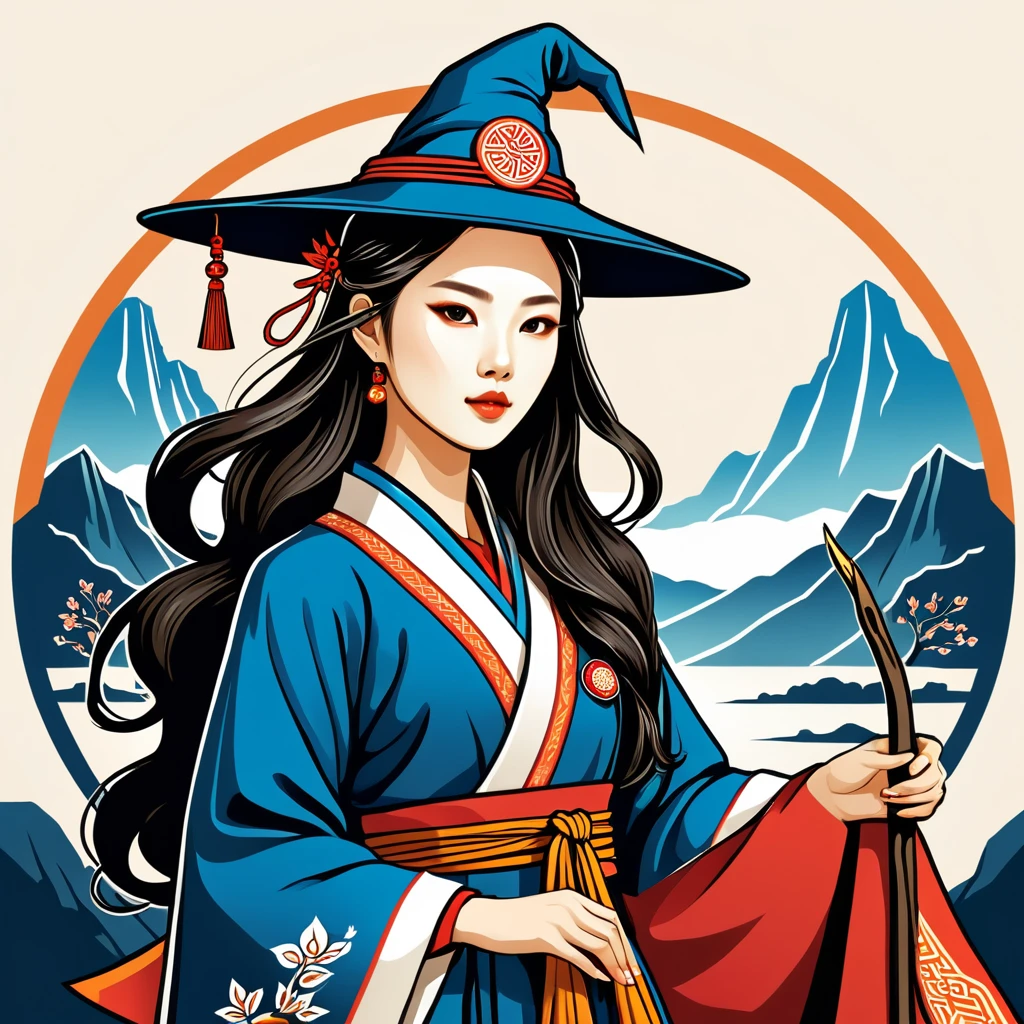 female	wizard	in korean folk outfit	,vector graphics, strong contours, logo design																						