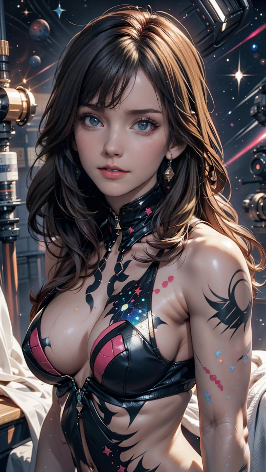 A woman with brightly colored body paint that resembles galaxies and nebulae、With outer space as the background、She is naked、Body paint is applied directly to the skin