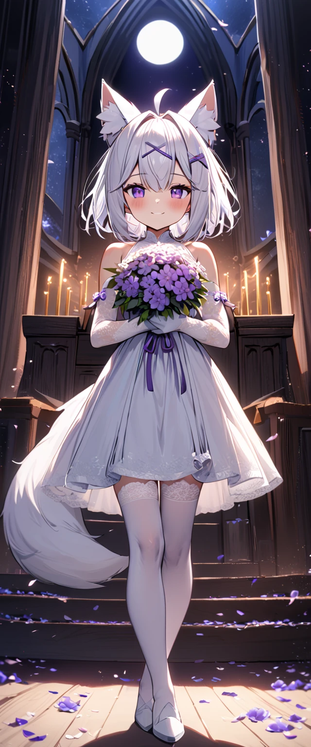 UHD, masterpiece, best quality, ((night)), moon, soft light, moonlight, church, altar, 1girl, solo,  full body, Filian, fox tail, small cat ears, white hair, short hair, ahoge, hairclip, hair ornament, hair bell, waist length pony tail, deep violet eyes, blush, happy smile, a-line wedding dress, white veil, white lace arm sleeves, white gloves, white lace stockings, white high heals, slim arms, slim legs, Eye-Level Shot, holding bridal bouquet with purple ribbon, ((hidden hand)), front view, full body pose, pageant pose, standing up, cross legs, innocent pose, scattered flower petals, ((petals falling)