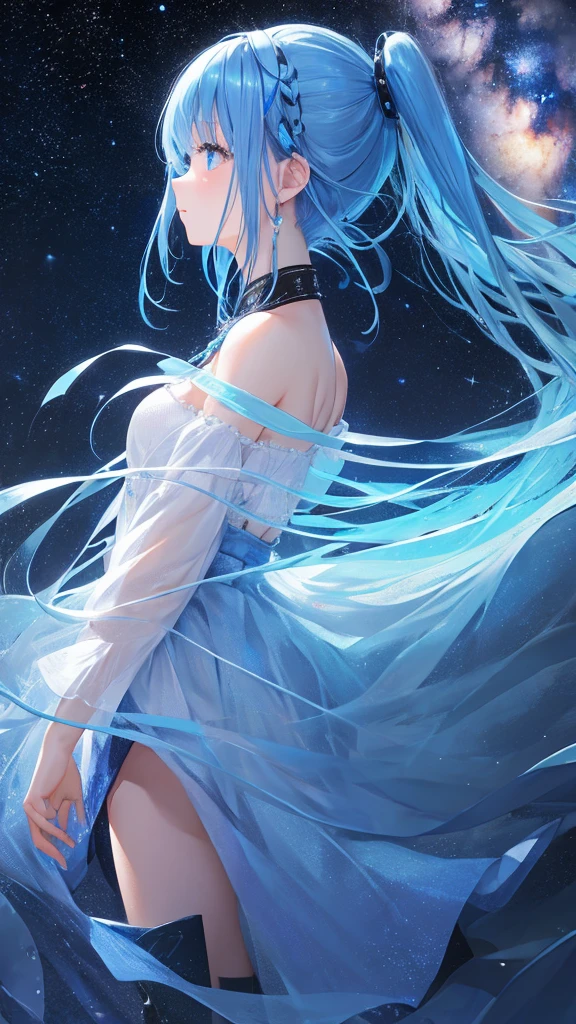 High resolution, One girl, Light blue hair tips、Looking up、Back view、Black Hair、Night view、milky way、I can&#39;t see your face、one piece